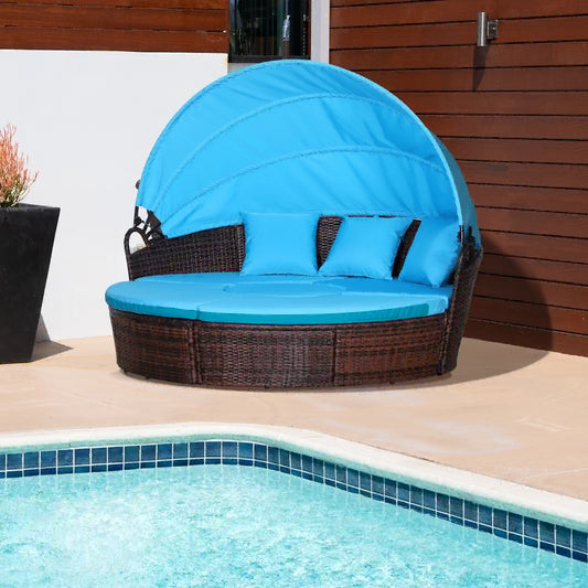 Outdoor Daybed with Canopy, PE Rattan Round Sofa, Light Blue Daybeds Brown Rattan, Light Blue Cushion at Gallery Canada