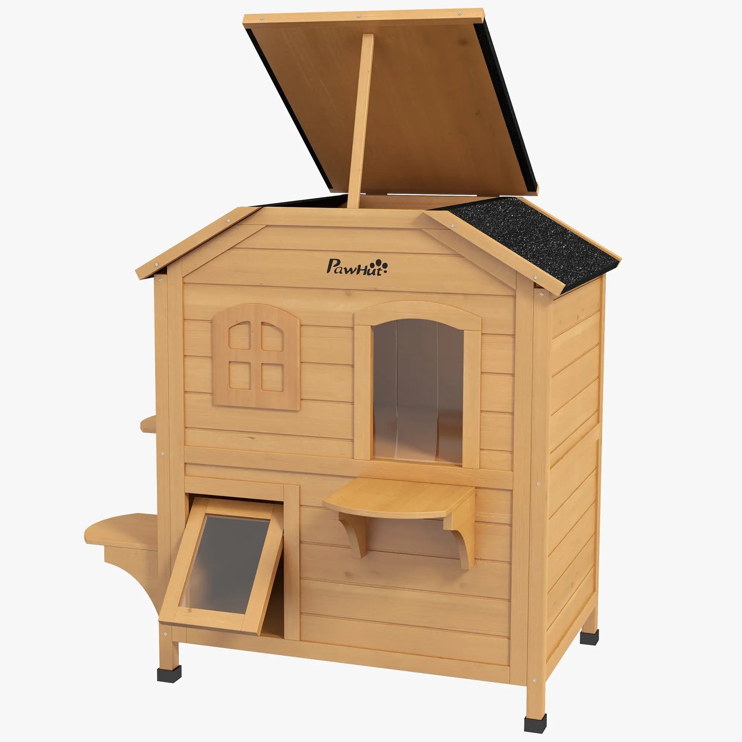 2-Storey Outdoor Cat House, Wooden Catio, Openable Roof, Yellow Cat Houses at Gallery Canada