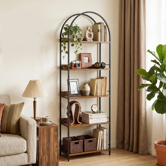 73.2" Tall Arched Bookshelf, 5-Tier, Industrial, Rustic Brown Display Bookshelves Rustic Brown, Black at Gallery Canada