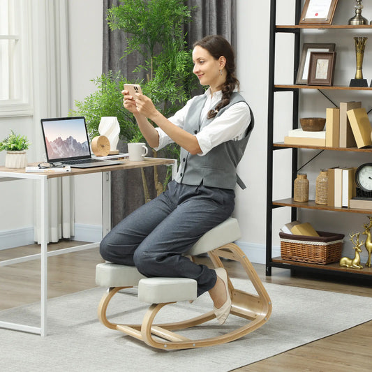 Ergonomic Kneeling Chair, Wood Stool with Thick Pads, Cream White Office Chairs Cream at Gallery Canada