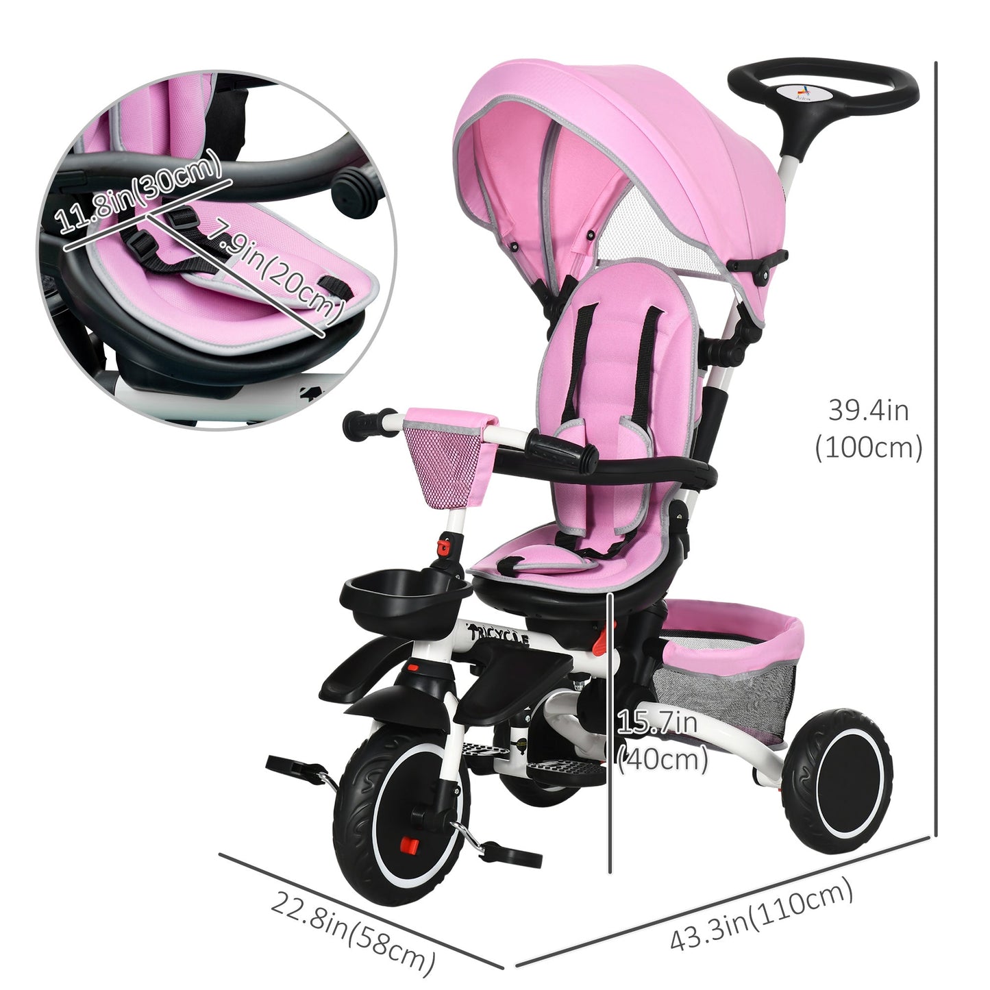 6-in-1 Toddler Tricycle for 12-50 Months, Foldable Kids Trike with Adjustable Seat and Push Handle, Safety Harness, Removable Canopy, Footrest, Pink at Gallery Canada