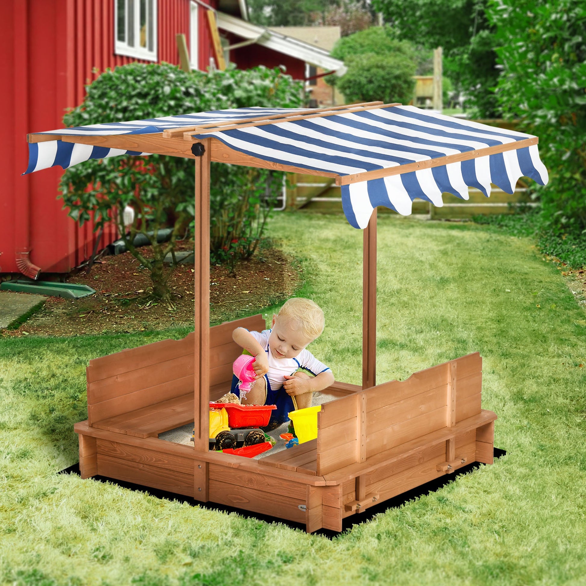Wooden Kids Sandbox with Cover, Sand Play Station with Foldable Bench Seats and Adjustable Canopy, Red at Gallery Canada