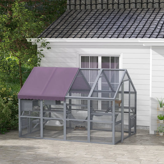 Outdoor Cat Enclosure Wooden Feral Cat House w/ Weatherproof Canopy, Bridges, Resting Boxes, Platforms, for 3-6 Cats Outdoor Cat Enclosures Grey at Gallery Canada