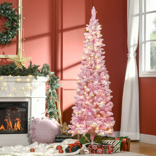 6ft Prelit Snow Flocked Artificial Christmas Tree, Pencil Shape, 500 Pine Branches, Warm White LED, Auto Open, Pink White Pre Lit Christmas Trees Pink at Gallery Canada