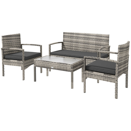 4 Pieces Patio Furniture Set with Loveseat Sofa, Armchairs, Glass Table, Outdoor Wicker Conversation Sofa Set, Grey - Gallery Canada