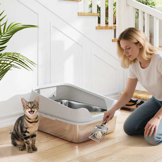 Boîte à litière pour chat en acier inoxydable, pelle en métal, anti-fuites, 24" x 16" x 12", gris