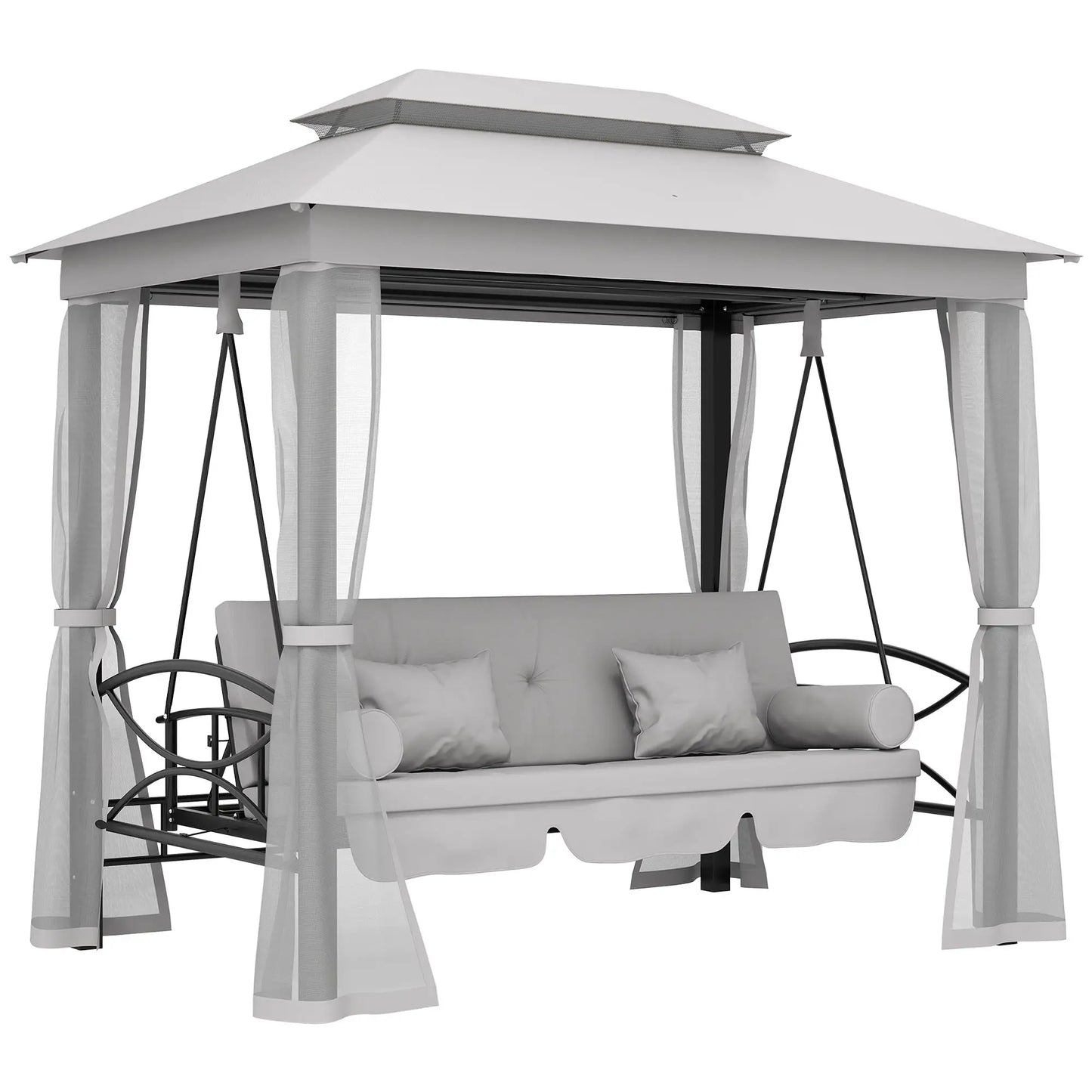 3 Person Outdoor Daybed, Canopy Gazebo Swing Chair, Grey Patio Swings with Stand at Gallery Canada