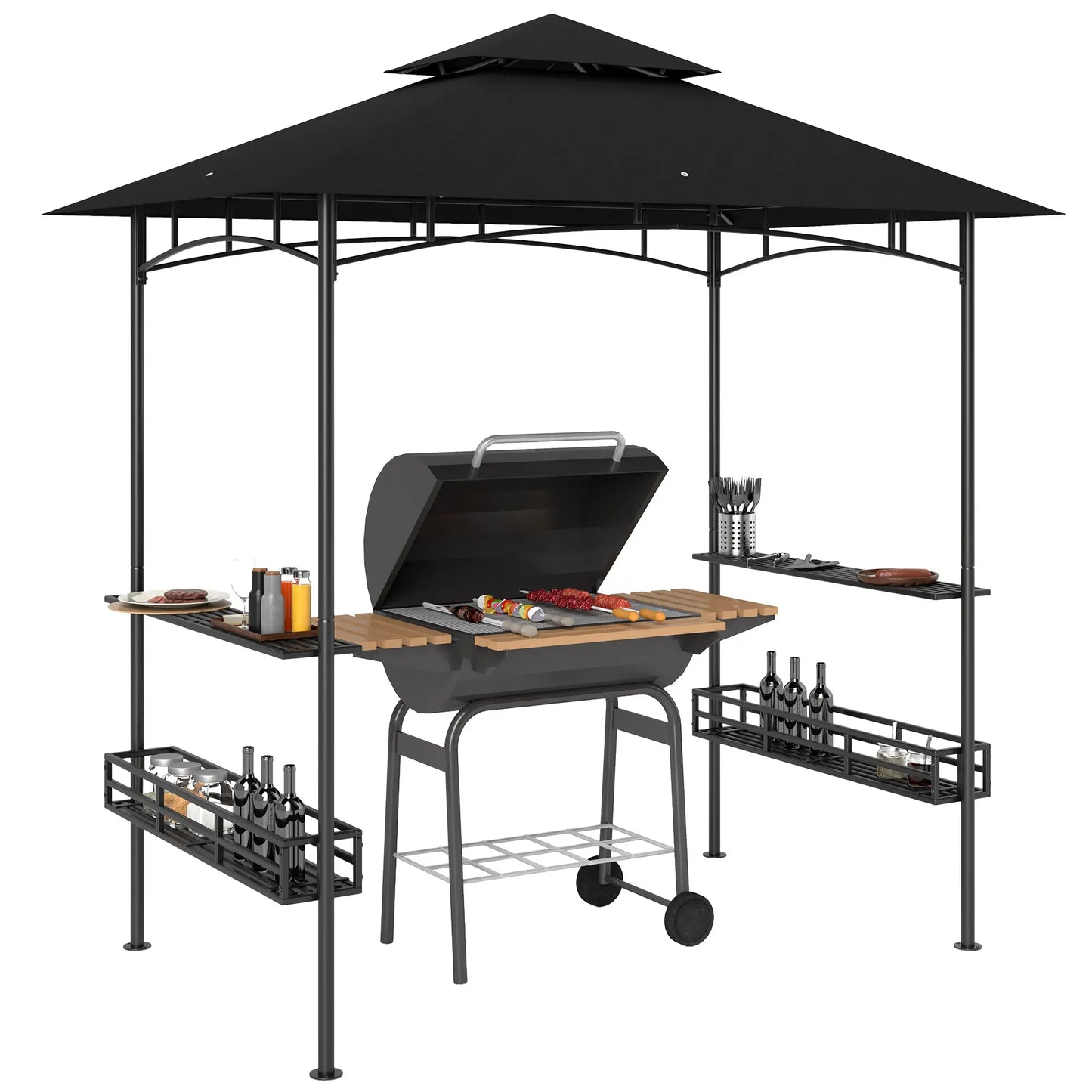 8' x 5' BBQ Gazebo, 2-Tier With Shelves, Storage Basket, Dark Grey BBQ Grill Gazebos at Gallery Canada