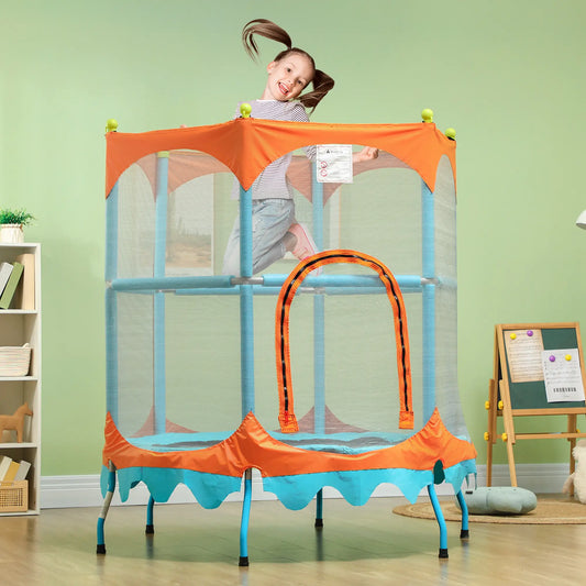 Trampoline pour Enfants, 4.6FT avec Barre de Soutien, Filet de Sécurité, Bleu