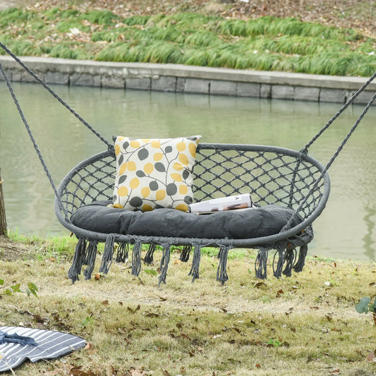 Patio Hammock Chair 2 Seat, Hanging Rope Hammock Swing Chair with Metal Frame and Cushion, Large Macrame Seat for Indoor and Outdoor 396 lbs Capacity, Dark Grey Hammock Swings Dark Grey at Gallery Canada