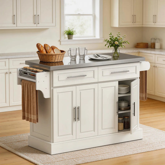 Rolling Kitchen Island with Storage, Stainless Steel Top, Drawers, Cream Kitchen Islands & Kitchen Carts Cream at Gallery Canada