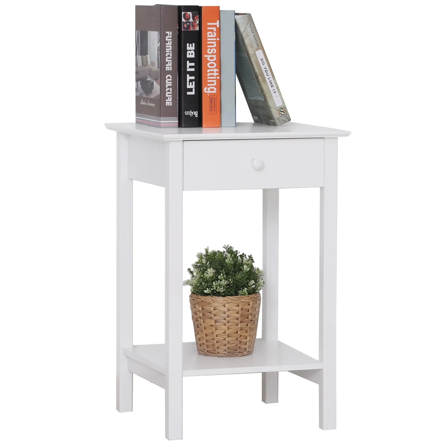 Multipurpose Bedside Table with Drawer, Storage Shelf, White Side Tables at Gallery Canada