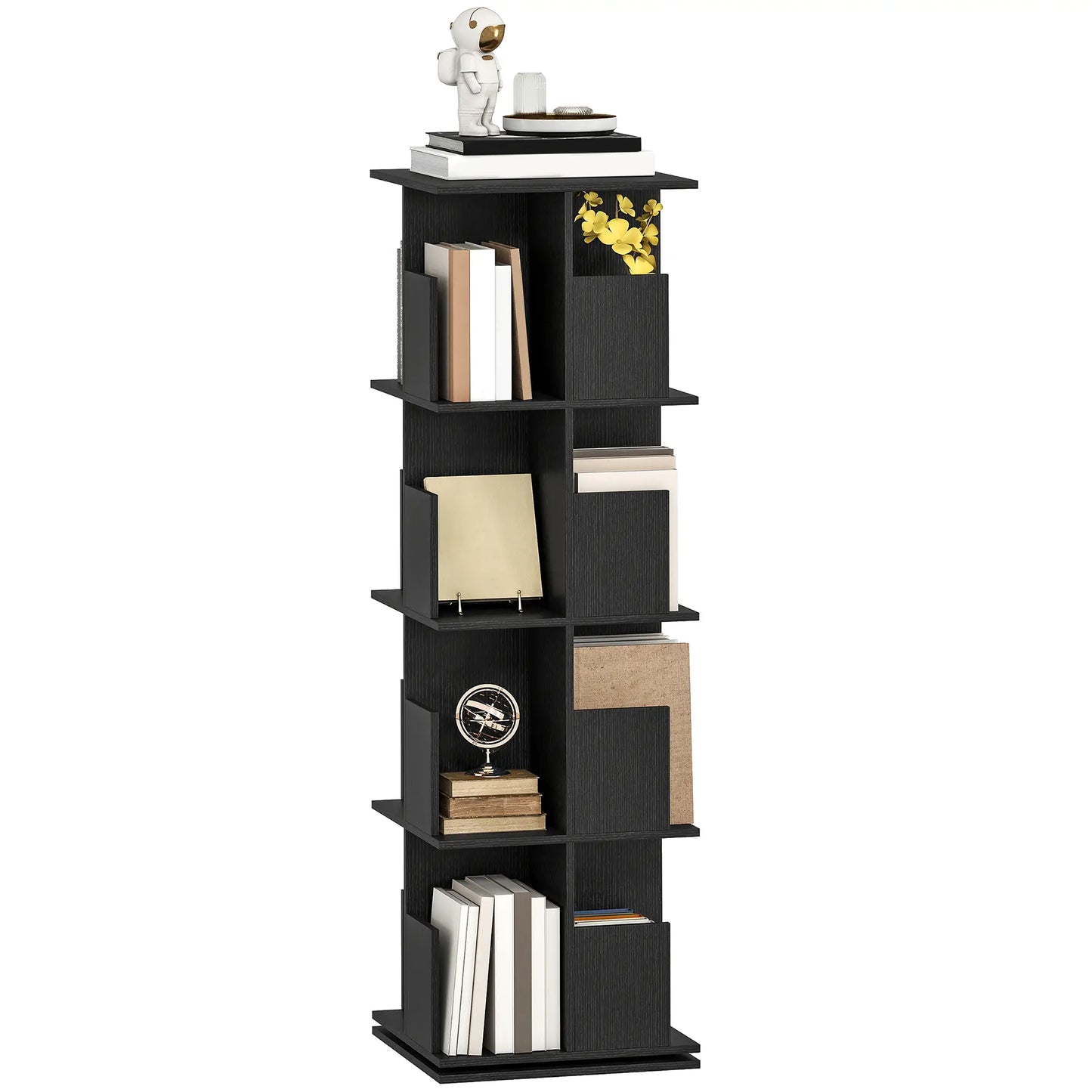 360° Rotating Bookcase, 4 Tier Bookshelf with 16 Cubbies, Black Wood Grain, Black Display Bookshelves at Gallery Canada