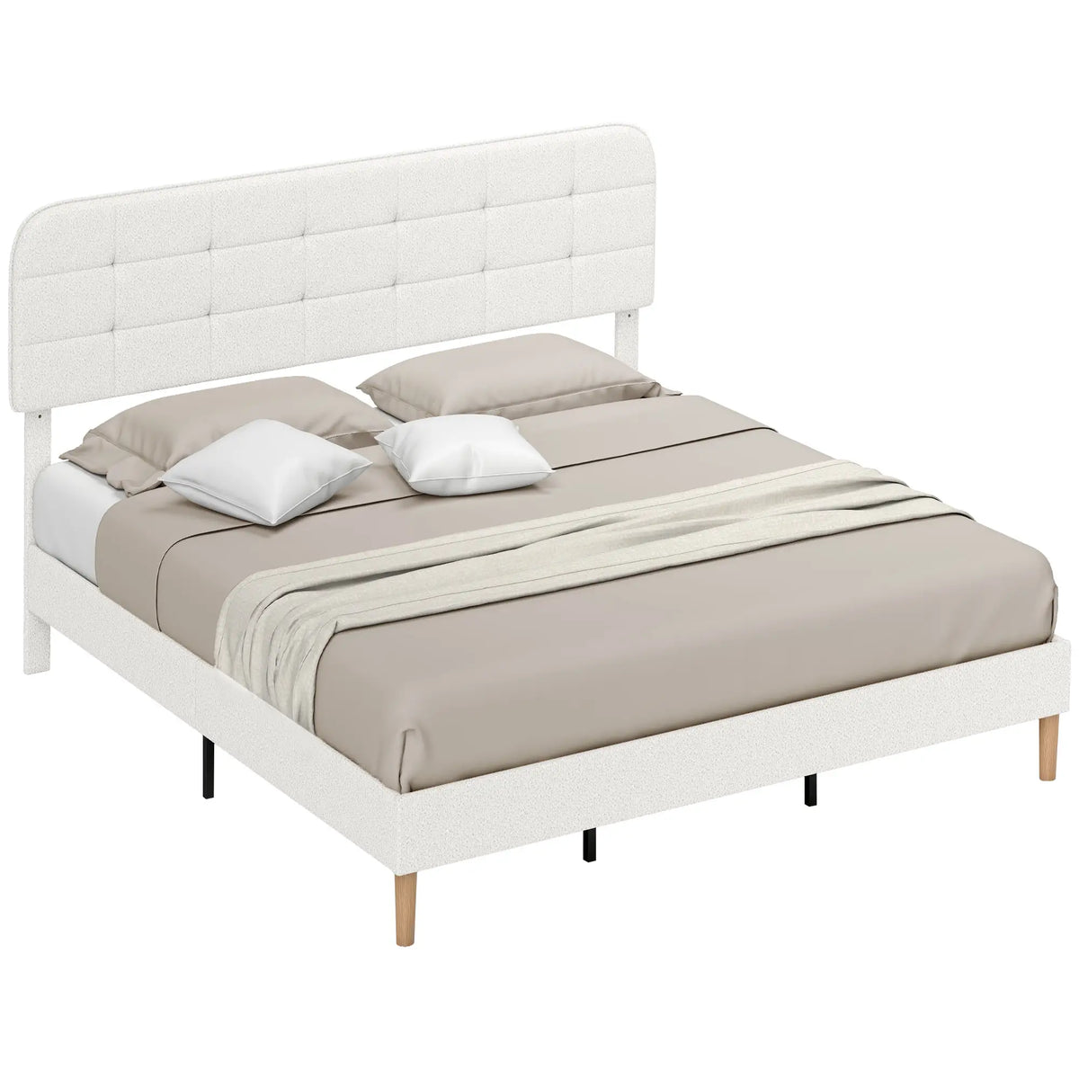 King Size Bed Frame, Adjustable Headboard, Upholstered Platform, White