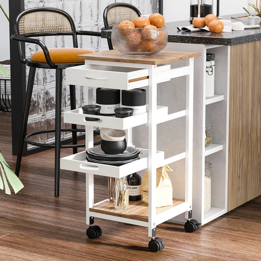 4-Tier Kitchen Cart, Removable Serving Tray, Wheels with Drawer, White Kitchen Islands & Kitchen Carts White, Oak Veneered Top at Gallery Canada