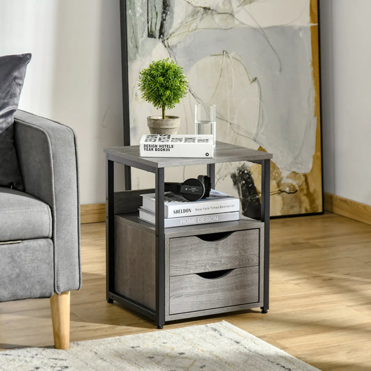 Industrial Nightstand, 2 Drawers with Storage Shelf, Grey Side Tables Grey at Gallery Canada
