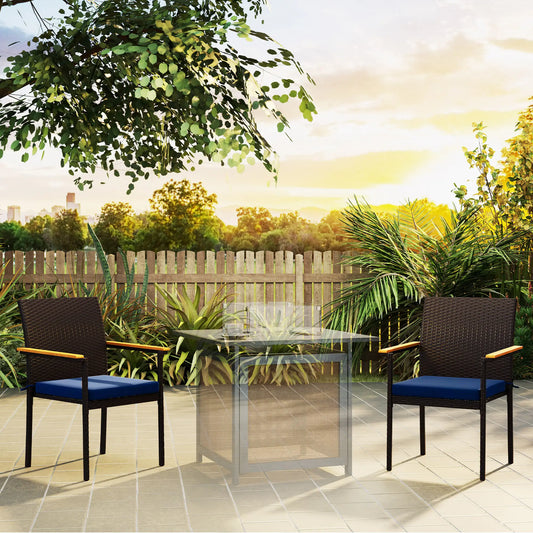Stackable Wicker Patio Chairs, Set of 2, Removable Cushion, Armrest, Navy Blue Patio Chairs Brown, Navy Blue at Gallery Canada