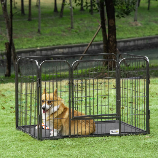 4 Panel Dog Playpen, 28" H Portable Pet Fence With Door, Tray, Grey Dog Cages & Crates Grey at Gallery Canada