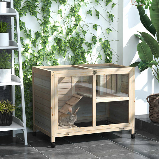Indoor Rabbit Hutch with Wheels, Guinea Pig Cage, Top Access, Ramp, Pull Out Tray, Natural Wood Rabbit Hutch Natural at Gallery Canada