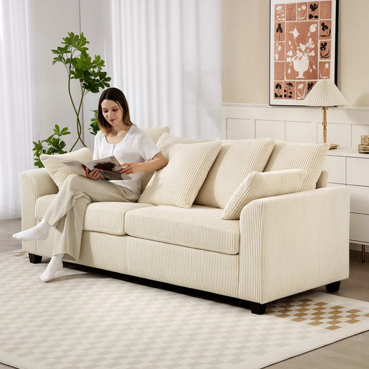 Corduroy Couch, 3 Seater Sofa, Modern with Curved Armrests, 8 Pillows, Beige 3-Seater Sofas Beige at Gallery Canada