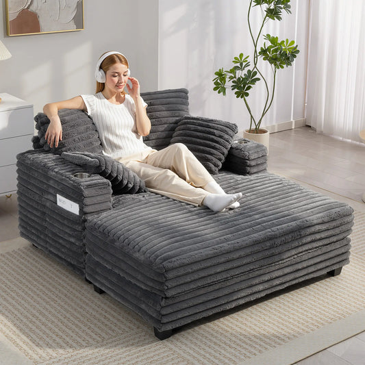 60" Chaise Lounge Chair, Upholstered Sofa Bed with Cup Holders, Grey Sofas & Reclining Chairs Grey at Gallery Canada