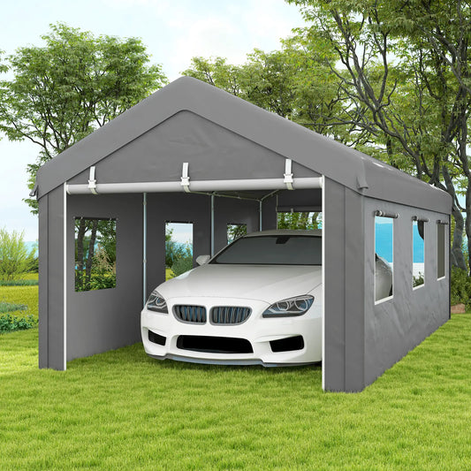 10' x 20' Heavy Duty Carport, Portable Garage, 6 Mesh Windows, 2 Doors, Grey