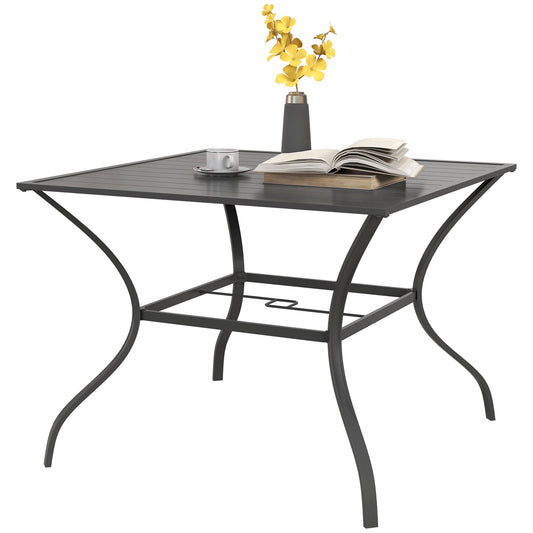Square Outdoor Patio Dining Table Garden Table with Umbrella Hole, Slatted Metal Top for Backyard, Poolside, Dark Grey at Gallery Canada