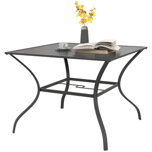 Square Outdoor Patio Dining Table Garden Table with Umbrella Hole, Slatted Metal Top for Backyard, Poolside, Dark Grey