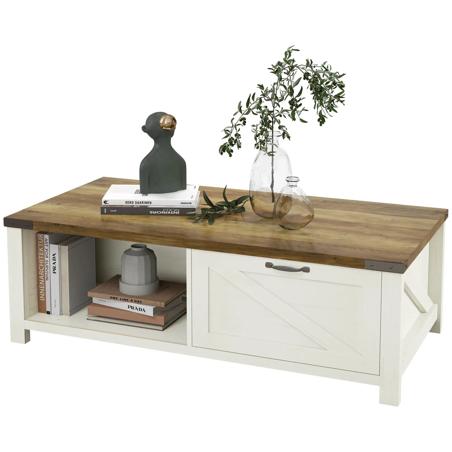 Industrial Coffee Table with Drawer, Open Shelf, Farmhouse Style, Brown Coffee Tables at Gallery Canada