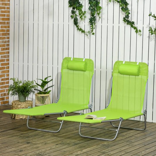 Set of 2 Folding Chaise Lounge Chairs, Outdoor, Reclining, Green Lounger Chairs Green, Silver Grey Frame at Gallery Canada