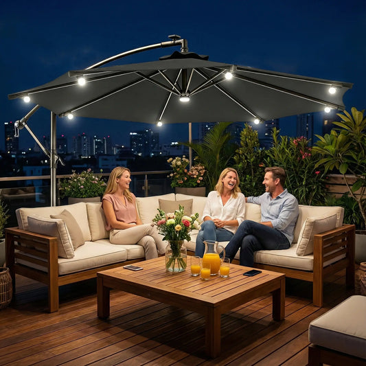 8.8FT Cantilever Patio Umbrella, Solar LED Lights, Crank Handle, Grey Offset Cantilever Umbrellas Grey at Gallery Canada
