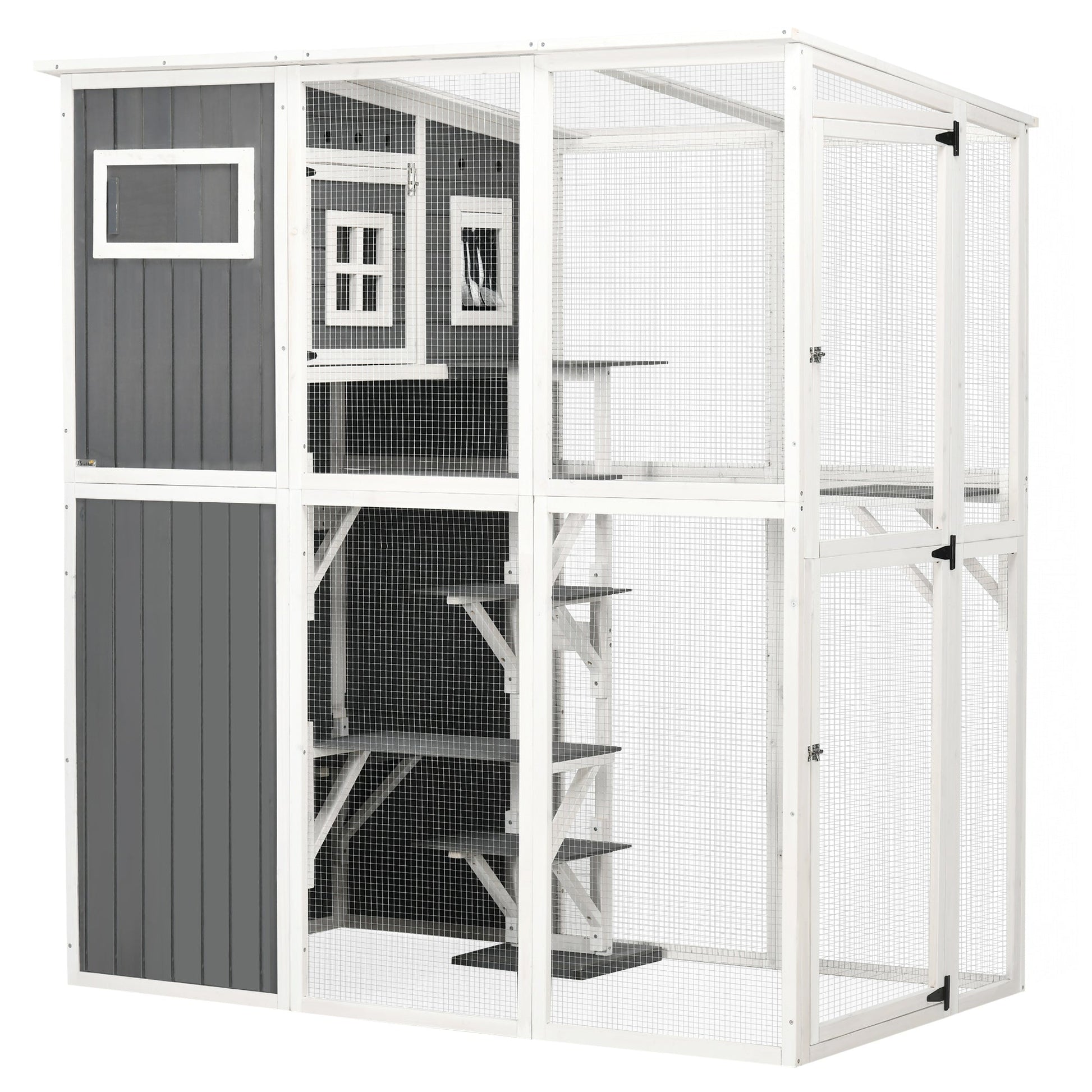 Wooden Cat Catio, 66.5"L Walk in Outdoor Cat House with PVC Weather Protection Roof, Multiple Platforms, Lockable Doors, Resting Condo, Observation Window, for 2 Cats at Gallery Canada