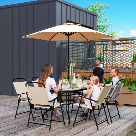 8 PCS Folding Patio Dining Set, 47" Table with 6 Chairs, 7' Umbrella, Beige Outdoor Dining Sets Black Frame, Beige Fabric at Gallery Canada