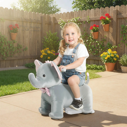 6V Kids Ride On Toy, Horse Elephant, Music, Soft Touch, Silent PU Wheels, For 1.5-5 Years Rocking Horses Grey at Gallery Canada