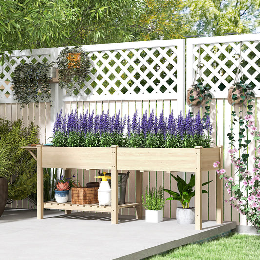 Raised Garden Bed, Wood Planter Box with Side Table, Natural