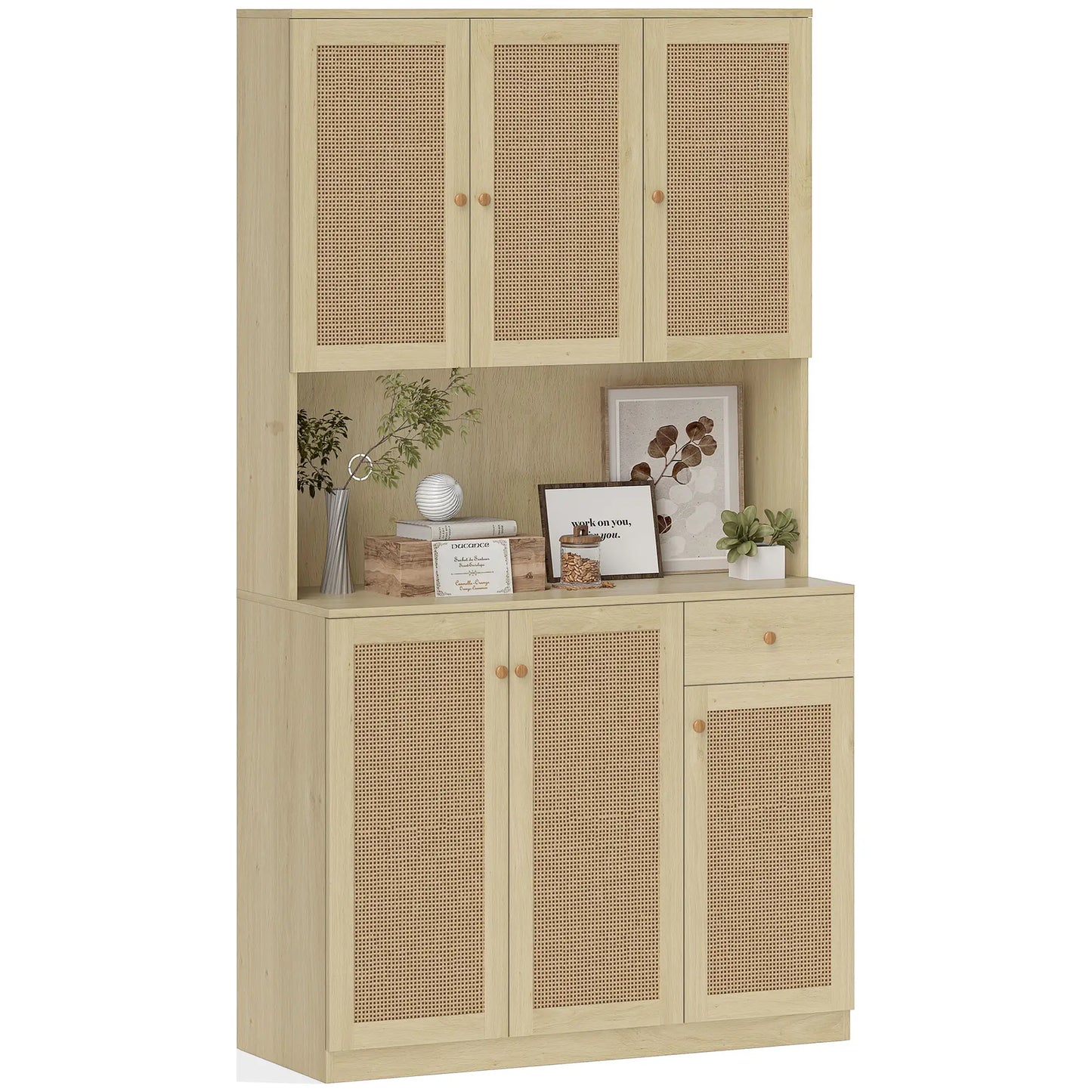 71" Kitchen Hutch with Microwave Countertop, Boho Pantry Cabinet, Rattan Doors, Natural Kitchen Pantry Cabinets at Gallery Canada