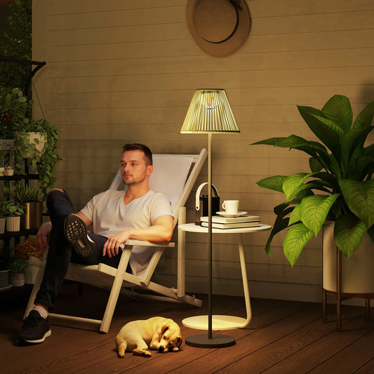 Wicker Outdoor Floor Lamp, Solar Lantern, Auto LED Lights, IP44, Grey Solar Post Lamps Grey, Black at Gallery Canada