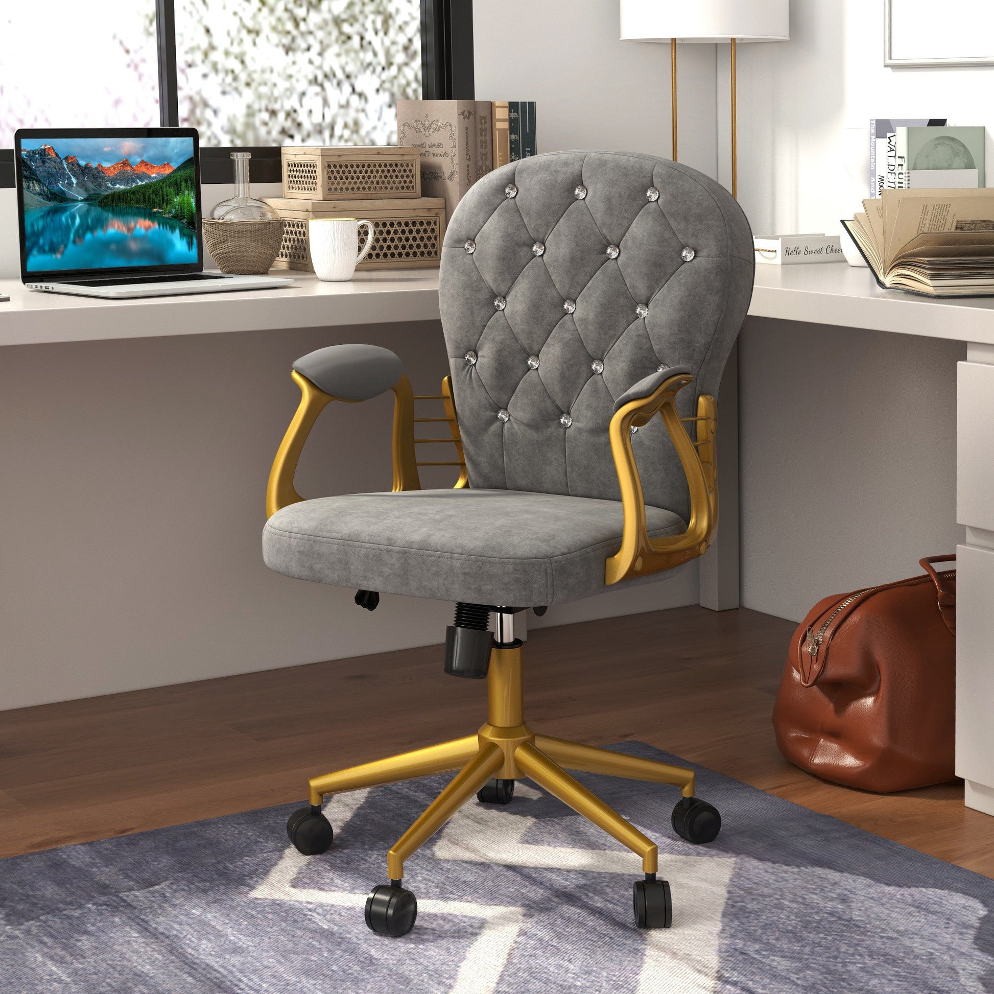 Velvet Office Desk Chair Button Tufted Vanity Chair with Swivel Wheels, Adjustable Height and Tilt Function, Grey at Gallery Canada