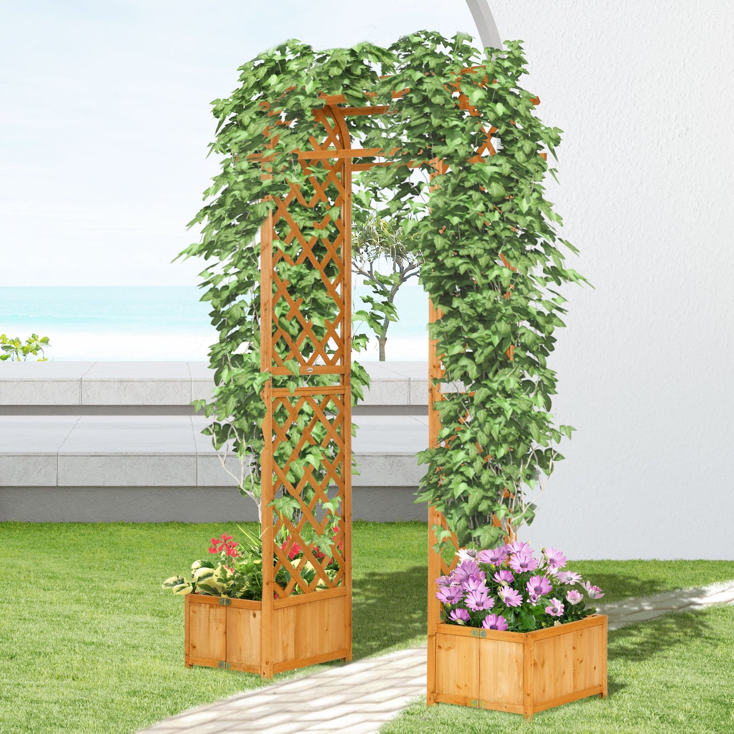 7.7FT Garden Arch with 2 Foldable Planter Boxes, Outdoor Wooden Trellis Arbor for Ceremony Party Weddings, Brown at Gallery Canada