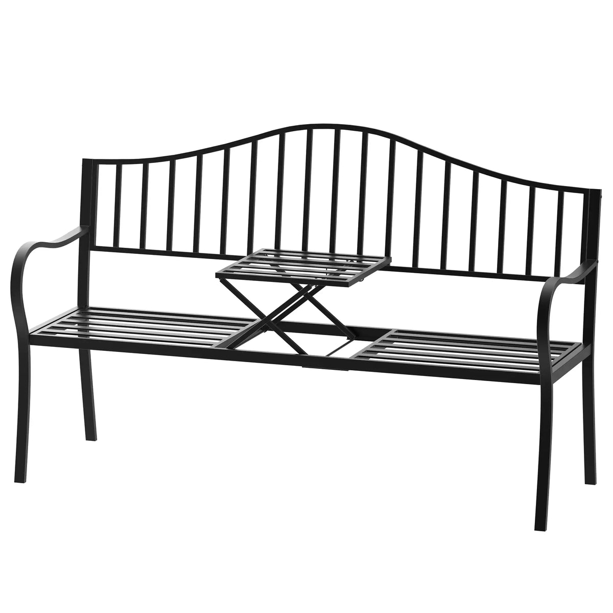 Outdoor Bench with Retractable Table, Metal Frame Patio Loveseat, Black Outdoor Benches at Gallery Canada