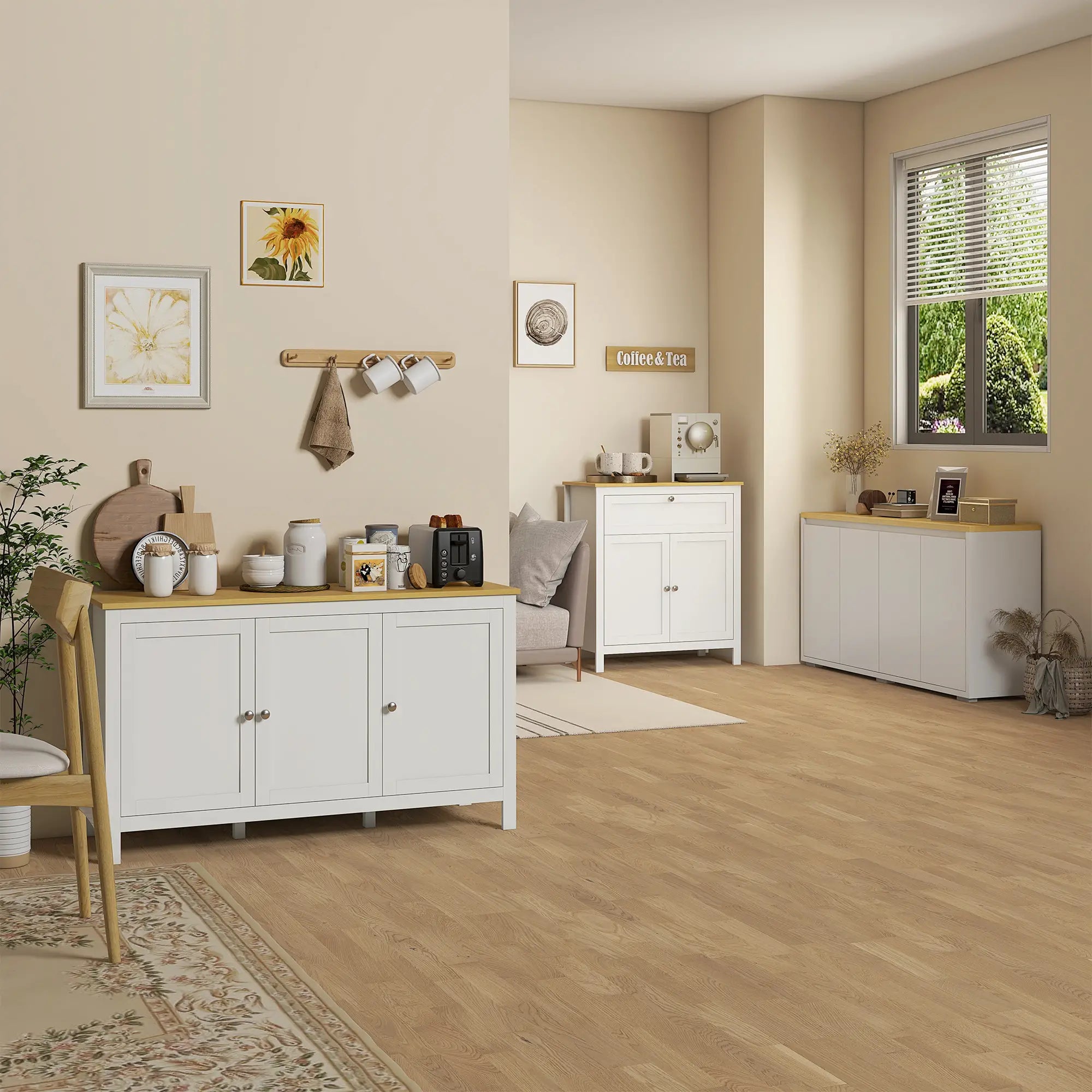 White Sideboard Cabinet, Buffet Table with Drawer, Double Door Cupboard, Adjustable Shelf, White Bar Cabinets at Gallery Canada