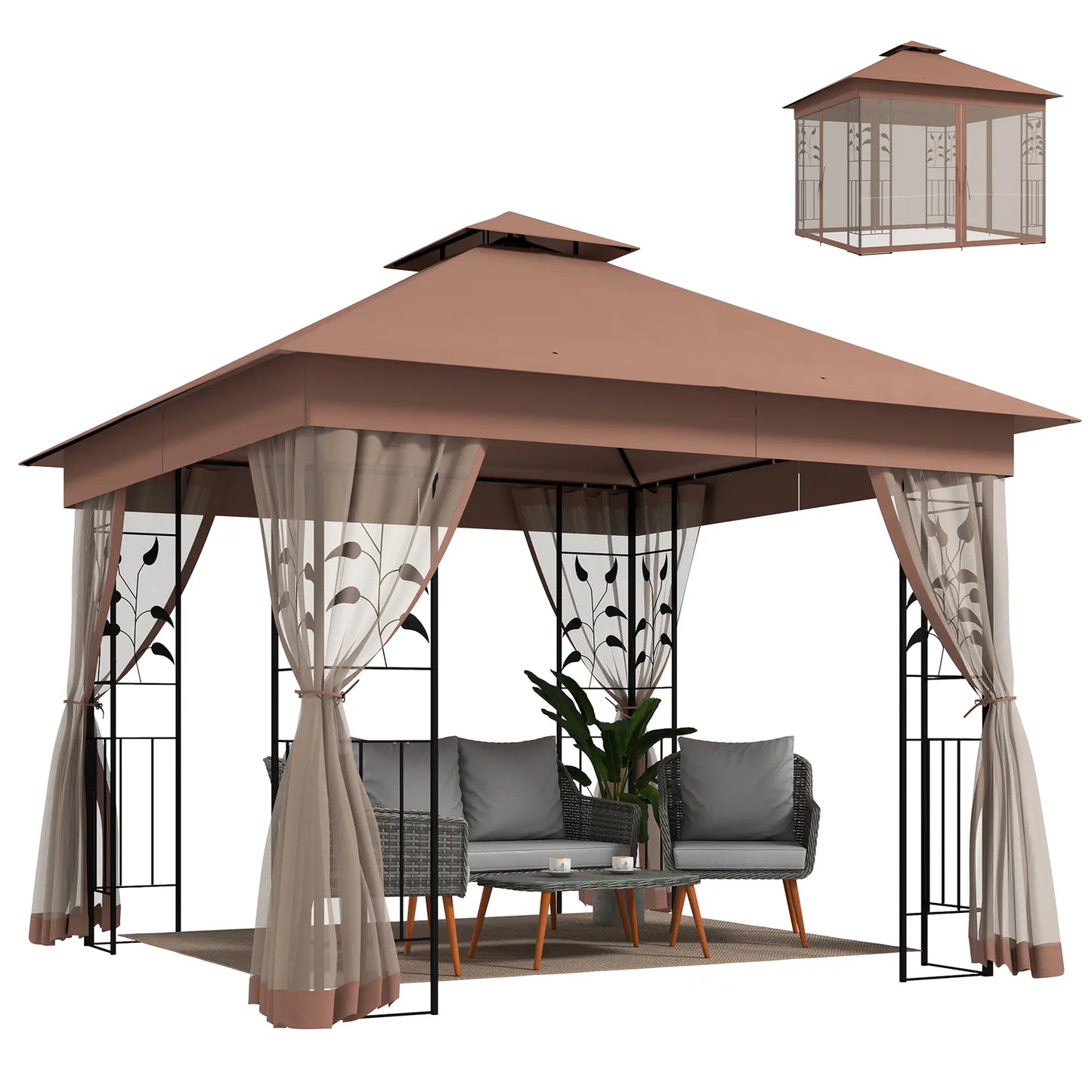 10'x10' Dark Brown Steel Patio Gazebo, Soft-Top Sun Shelter, Dark Brown Gazebos at Gallery Canada