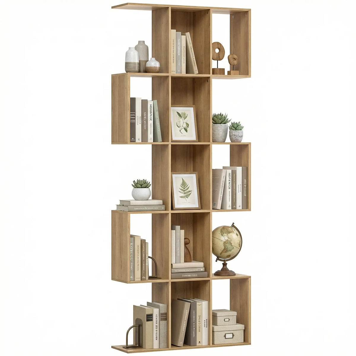 5-Tier S Shaped Geometric Bookcase, 15 Compartments, Oak