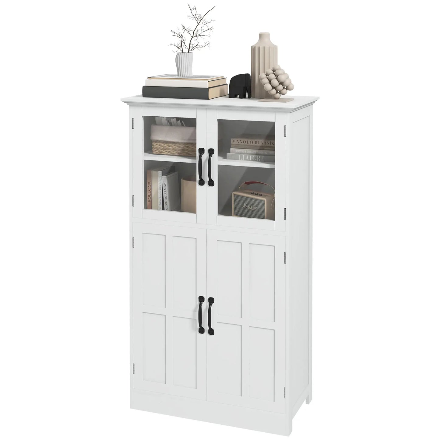 Modern Sideboard Cabinet, Glass Doors, 4-Tier Shelving, Adjustable Shelves