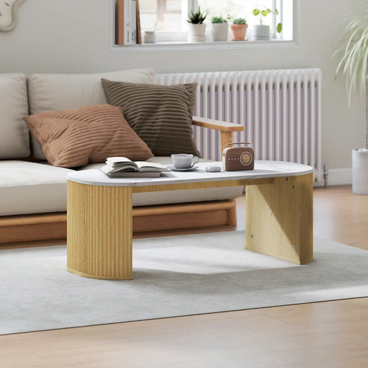 Modern Marble-Effect Coffee Table, Round Corners, Thicken Legs, Natural Wood Coffee Tables Natural Wood, White at Gallery Canada