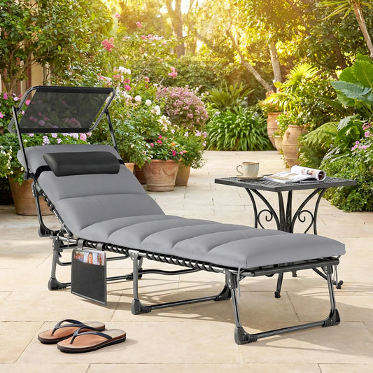 Outdoor Folding Chaise Lounge, 5-Level Adjustable Back, Cushion Lounger Chairs Black, Light Grey at Gallery Canada