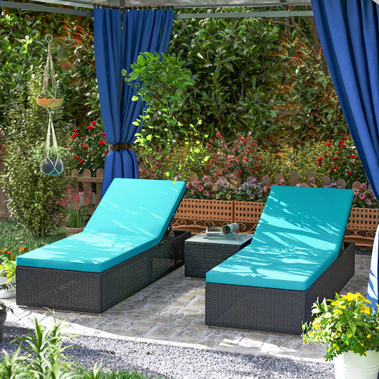 3pc Rattan Lounge Chair Set with Side Table Outdoor Patio Synthetic Rattan Wicker Sun Bed Set with Cushion Chaise Loungers Coffee and Light Turquoise at Gallery Canada