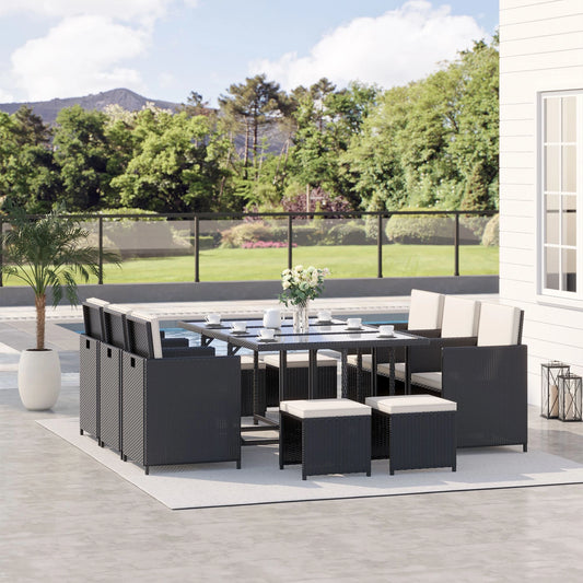 11 Piece Wicker Patio Dining Set with Glass Table, 6 Chairs & Ottomans Outdoor Dining Sets Black, Cream White at Gallery Canada
