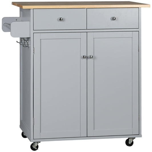 Rolling Kitchen Island with Storage, Kitchen Cart with Rubber Wood Top, Adjustable Shelf, Towel Rack, Hooks and Storage Drawers, Grey at Gallery Canada