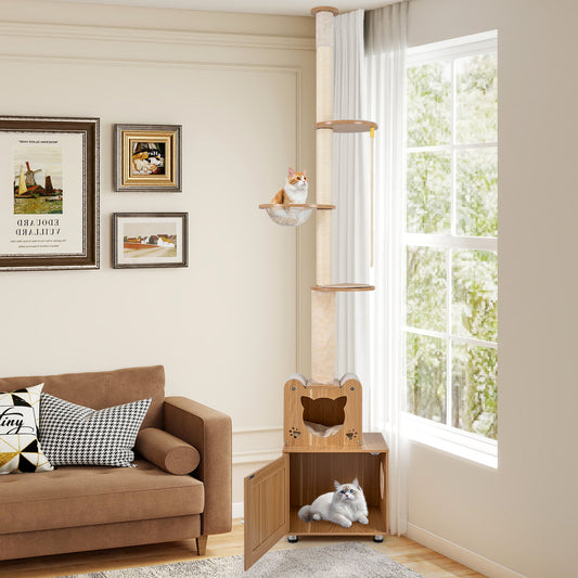 101 Inch Floor To Ceiling Cat Tree, Height Adjustable, Litter Box Enclosure, Brown Cat Trees Condos & Scratchers Brown at Gallery Canada